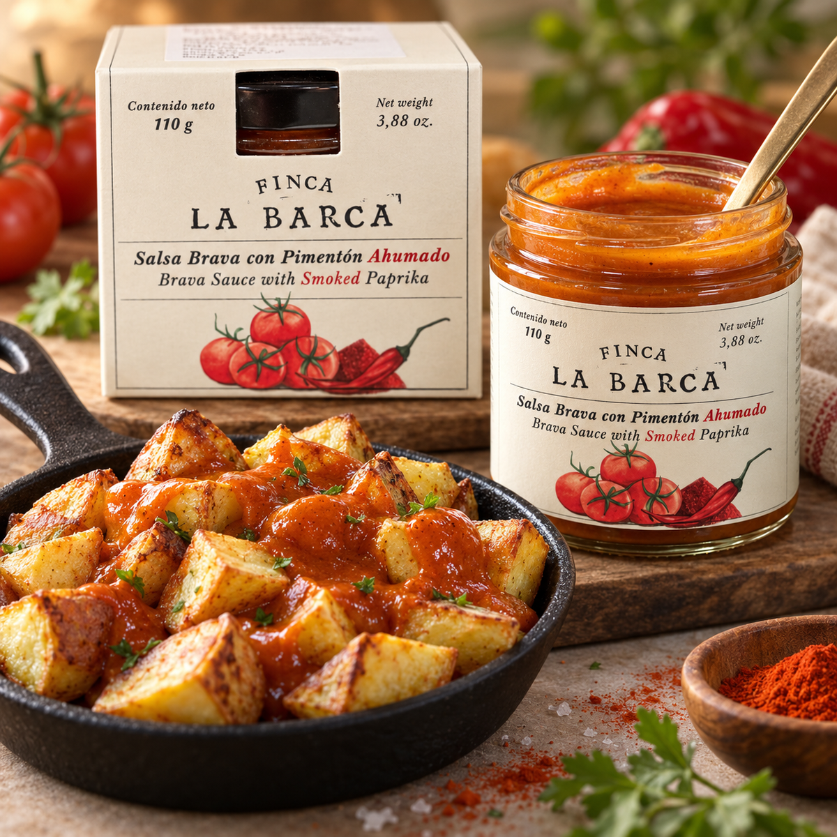 Mehrere Packungen Finca La Barca Salsa Brava mit geräucherter Paprika 110 g