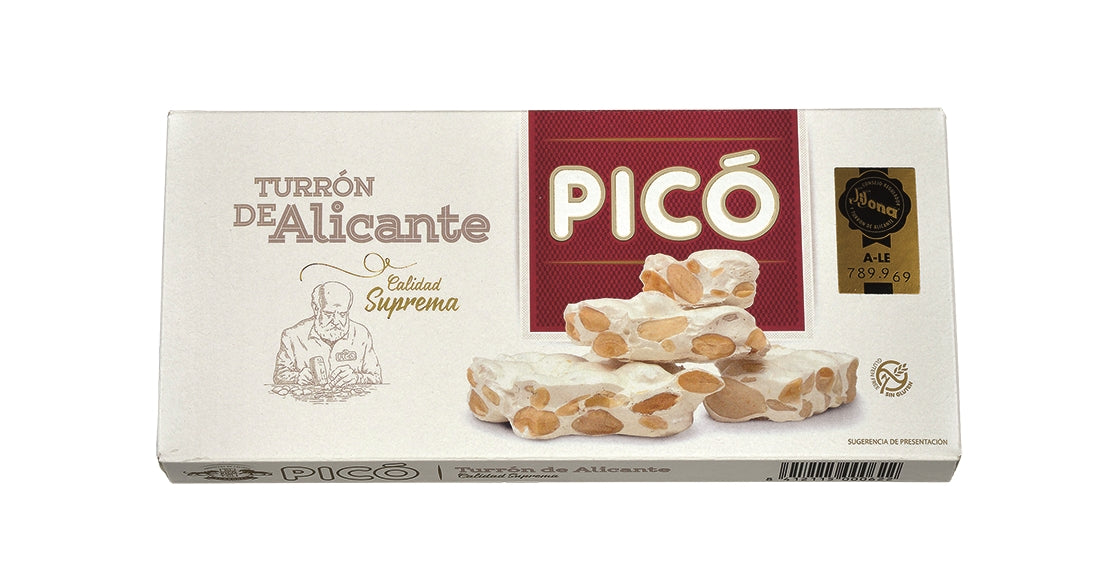 Turrón de Alicante Picó Calidad Suprema – harter spanischer Mandelturrón mit ganzen gerösteten Mandeln und Honig in Originalverpackung