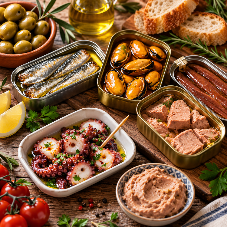 Spanische und portugiesische Fischkonserven mit Sardinen, Thunfisch, Anchovis, Muscheln und Oktopus