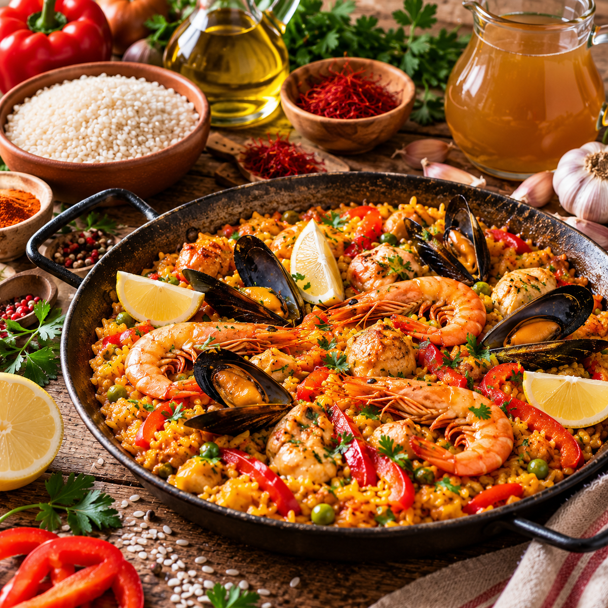 Paella-Zutaten – Reis, Gewürze & Brühe