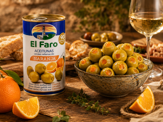 El Faro Oliven mit Orangenfüllung 350 g – spanische gefüllte Oliven