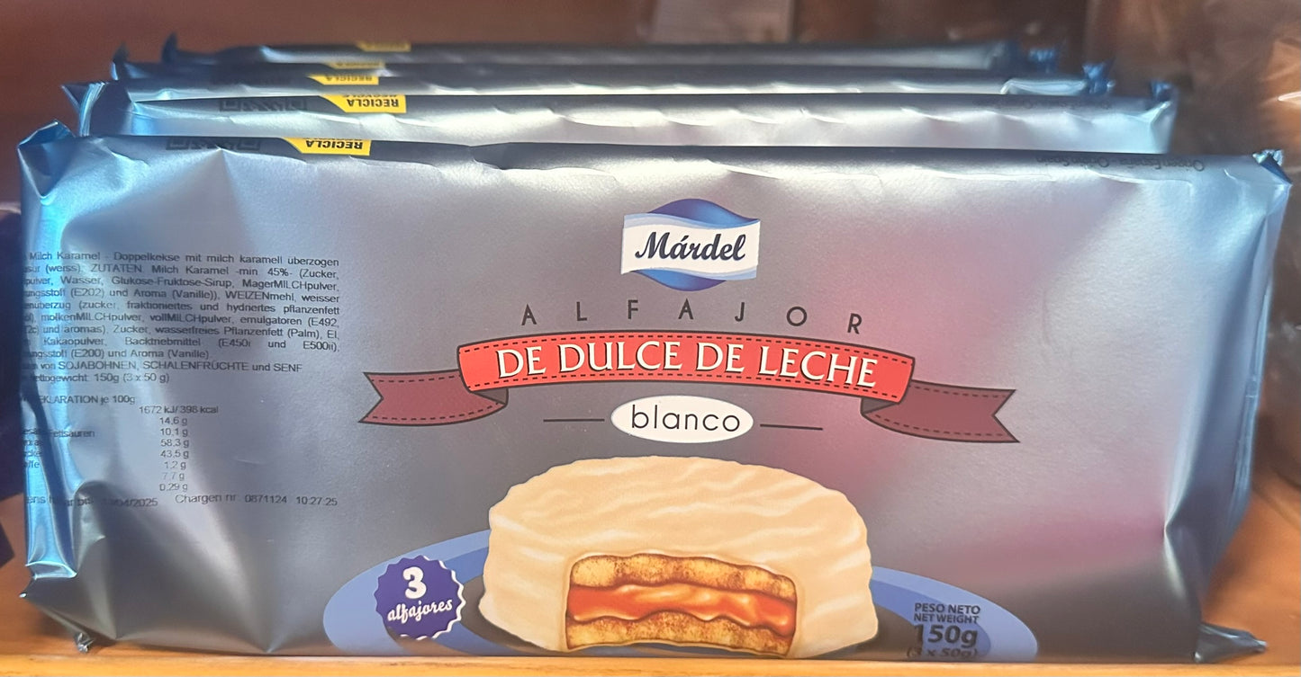 Alfajor de chocolate blanco o negro MARDEL, 150g