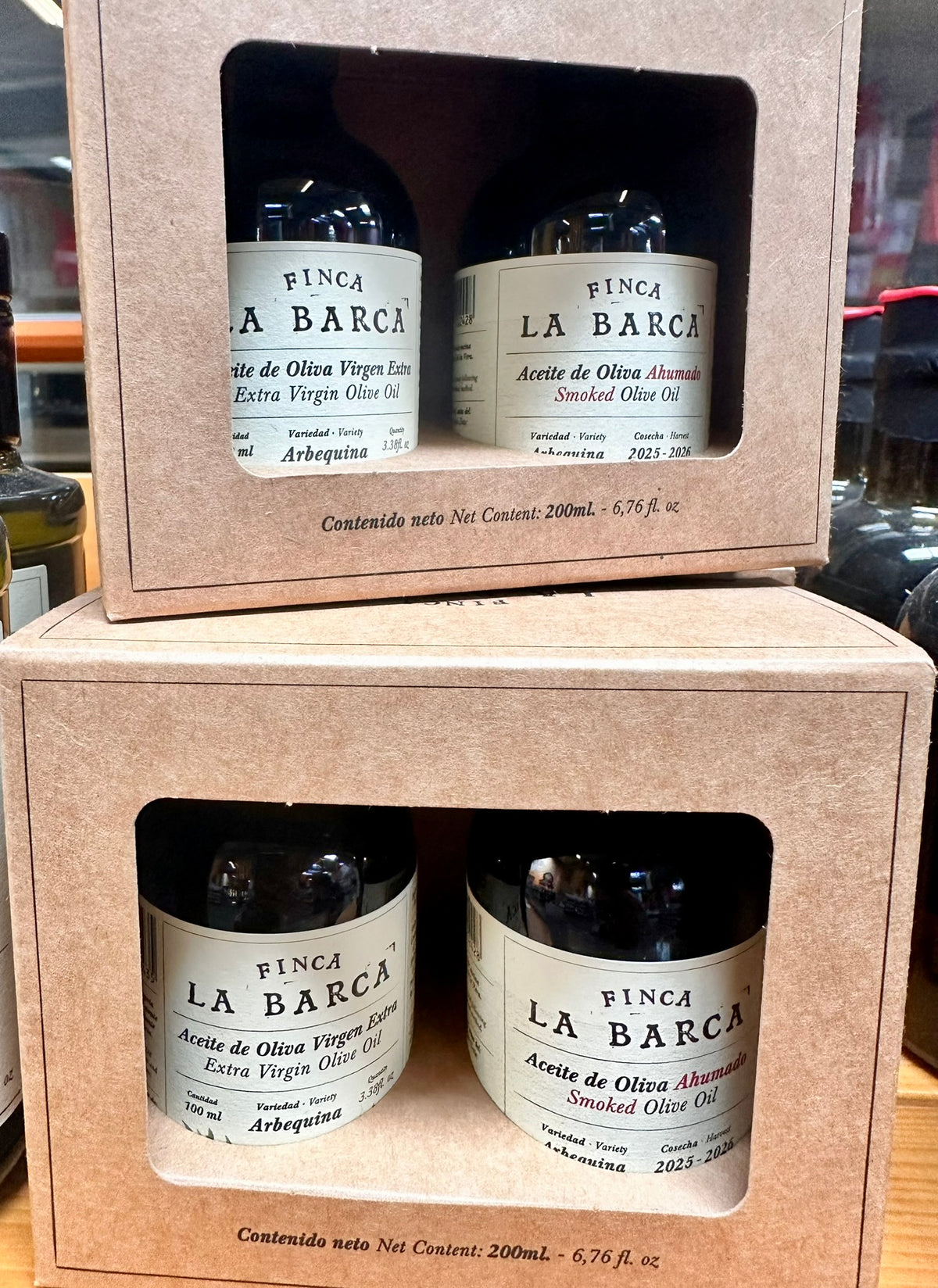 Finca La Barca Olivenöl Geschenkset mit Arbequina Extra Vergine und geräuchertem Olivenöl 2 x 100 ml