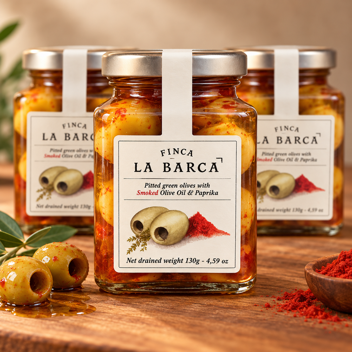 Finca La Barca grüne Oliven mit geräuchertem Olivenöl und Paprika 130 g